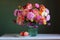 Still life with a bouquet and apples. asters, dahlias and different autumn flowers