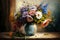 Still life bouquet of colorful flowers in a vase. Impressionist vintage oil painting of wildflowers. Spring art.