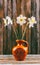 Still life of a bouquet of daffodils flowers in an old ceramic jug on a wooden vintage grunge background