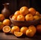A still life of a bowl filled with a variety of orange fruits, each with unique textures