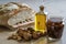 Still life with bread, olive oil, nuts. and cherries in liqueur