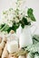 Still life in bright colors, with green accents. Bouquet of white lilac in white vase, next to bottle of milk.