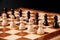 Still life on the chessboard: white and black pawns stand in a row