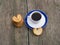 Still life of coffee and linking of cookies, top view