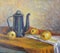 Still life with a coffee pot and fruit. Canvas, oil