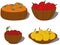 Still life collection, persimmon, tamarillo, cherry, pear ripe fruits in wooden bowls and plates vector illustration