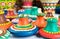 Still life of colorful painted pottery lids on white background