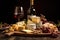 A still life composition featuring a wine glass, cheese, nuts, and a bottle of wine on a wooden table, An assortment of cheese