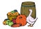 Still life consisting of vegetables and fruits collected in the fall. As well as a basket, a wooden barrel and a goose