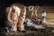 Still life with cowboy hat and traditional leather boots