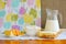 Still life of dairy products. Home cottage cheese, milk in jug,