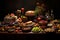 Still life of delicious food in plates on table. Grapes, corn, herbs, nuts, turkey, cheese, wine, meat, vegetables and fruits on