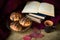 Still life with donut berliner, cup for coffee, leaves and books