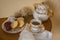 Still life with Easter cakes, eggs, teapot and a cup of tea