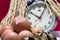 Still life with eggshells and Eggs, old broken alarm clock, paddy rice seed, colorful background.