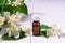 Still life of essential oil in a dark glass bottle and a flowering branch of jasmine