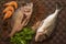 Still life with fish, shrimp and spices