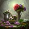 Still life with flowers in the style of old baroque painting, various flowers in metal jugs ai Generated, generative AI, CGI
