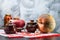 Still life with food pots, pumpkin and garlics on a table. Tradi