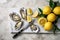 Still life with fresh delicious oysters. Clams, knives and lemons lie on a marble stand on the kitchen table. Generated by AI