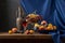 Still life with fruit and a bottle of wine. Apples, pears, plums, grapes and nectarines.