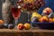 Still life with fruit and a bottle of wine. Apples, pears, plums, grapes and nectarines.