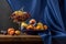 Still life with fruit and a bottle of wine. Apples, pears, plums, grapes and nectarines.