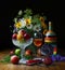 Still life fruit and a handmade bottle, with domestic wine