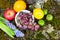 still life of fruit on moss ground with rabbit and bird, Hyacinth