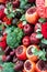 Still life of fruits and vegetables.