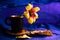 Still life with Gaillardia, cup, saucer, leaves and coffee beans