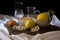 Still life with glass, lemons and tangerine