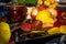 Still life with grapes, nectarines, lemon, jam and autumn leaves. Autumn harvest season. Fresh delicious healthy fruits