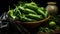 Still life of green italian peppers in a basket. Illustration AI