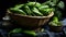 Still life of green italian peppers in a wicker basket. Illustration AI