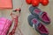 still life of group sports equipment for womens and cardiogram of jump rope. Fitness and healthy living, wellness