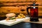 Still life - Hamburger with tea french press