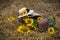 Still life of hats and baskets with sunflowers