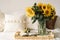 Still life in home interior of living room. Sunflowers, Coffee and open book. Read, Rest