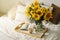 Still life in home interior of living room. Sunflowers, Coffee and open book. Read, Rest