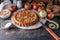 Still life: homemade pie with apples and peaches. homemade baking