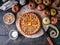 Still life: homemade pie with apples and peaches. homemade baking. Top view