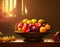 Still life illustration of a bowl full of assorted fruit