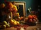 Still life image with food and flowers next to a mirror. AI generated