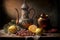 Still life with a jug and fruit lying on a shabby tablecloth. 3D rendering