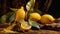 Still life with lemons and dry leaves. Autumn time. AI generated