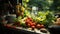 Still life of lettuces and red tomatoes together a window kitchen