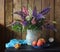 Still life with lupins and peaches in a rustic style.