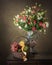 Still life with luxurious bouquet of multicolored flowers and fruit basket