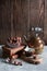 still life with lychee fruit and a vintage copper teapot with books on a wooden